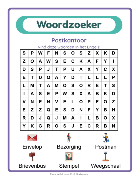 Engelse woordzoeker – Postkantoor
