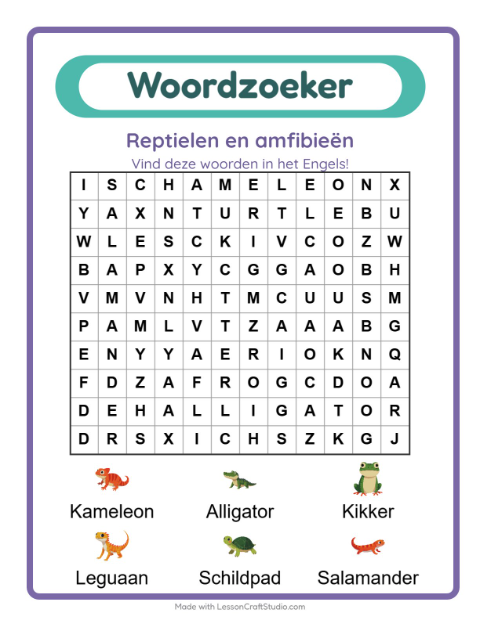Engelse woordzoeker – Reptielen en amfibieën