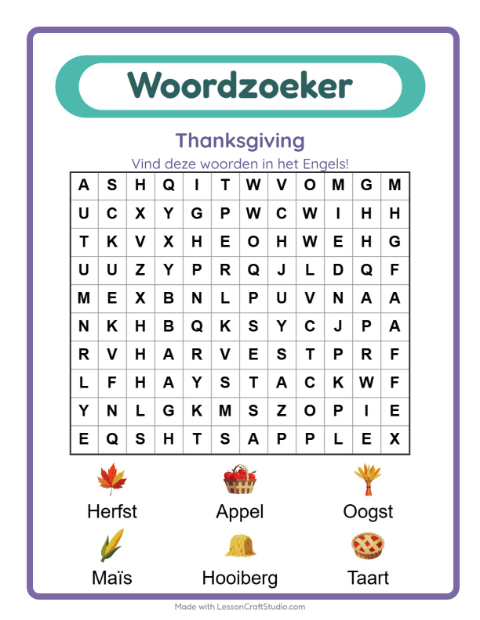 Engelse woordzoeker – Thanksgiving