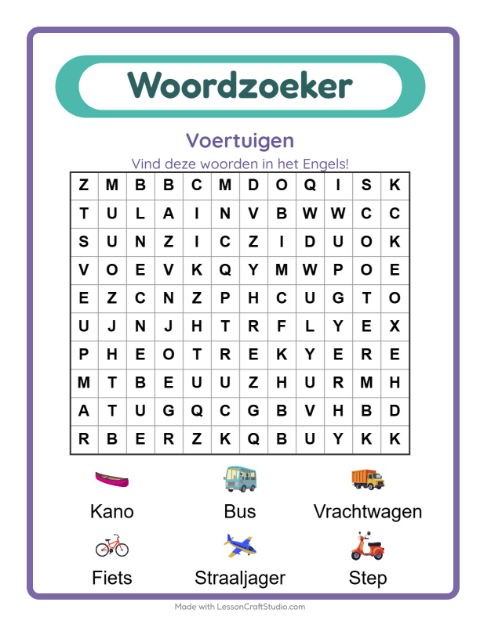 Engelse woordzoeker – Voertuigen
