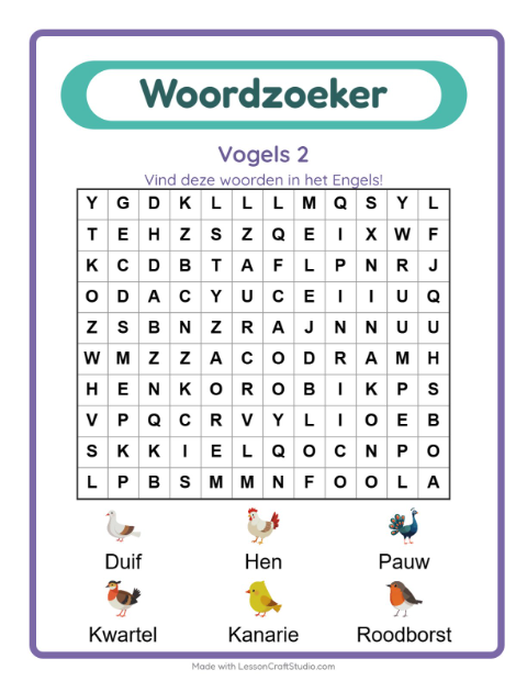 Voorbeeld van Engels leren: Vogels 2 – woordzoeker voor kinderen