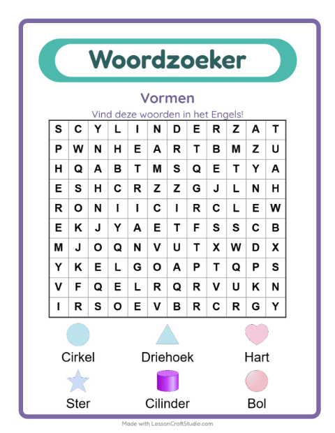 Voorbeeld van Engels leren: Vormen – woordzoeker voor kinderen