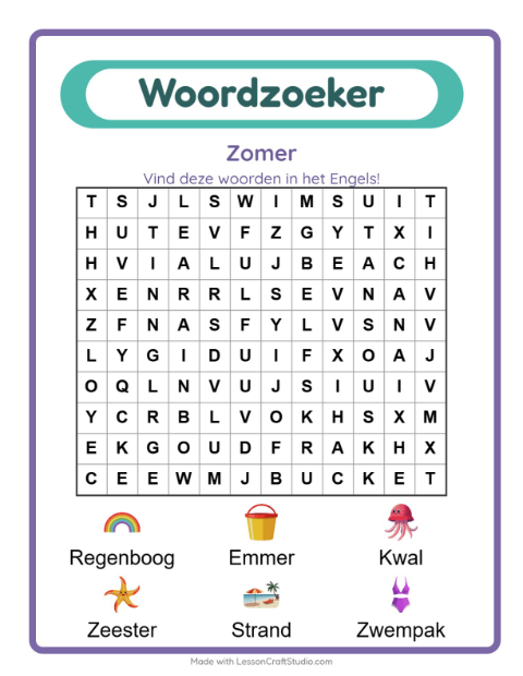 Engelse woordzoeker – Zomer