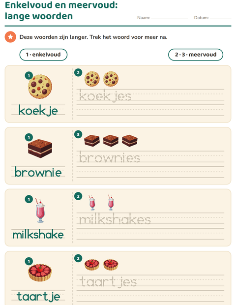 Voorbeeld van het Enkelvoud en meervoud-werkblad met Desserts en snoep voor kleuterklas