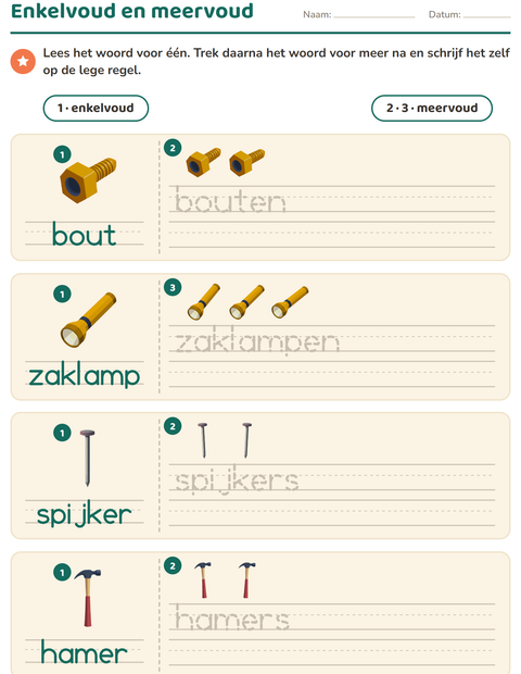 Voorbeeld van het Enkelvoud en meervoud-werkblad met Gereedschap voor kleuterklas