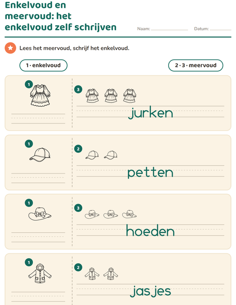 Voorbeeld van het Enkelvoud en meervoud-werkblad met Kleding ZW voor kleuterklas