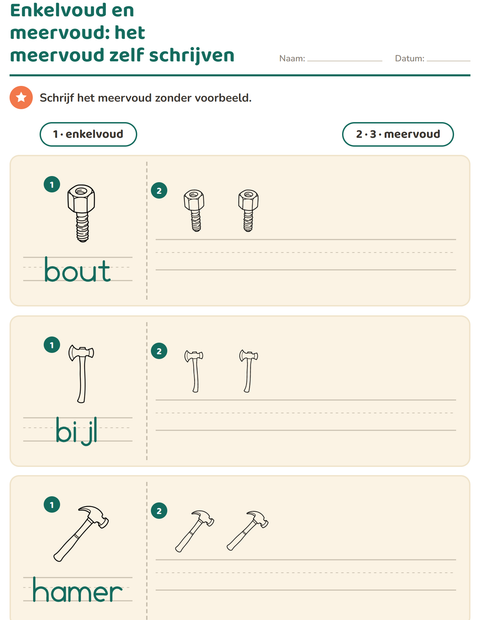 Voorbeeld van het Enkelvoud en meervoud-werkblad met Gereedschap ZW voor kleuterklas