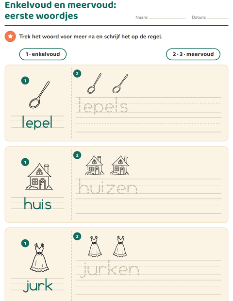 Voorbeeld van het Enkelvoud en meervoud-werkblad met Huis en Natuur ZW voor kleuterklas