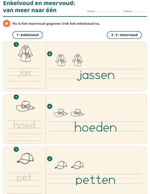 Voorbeeld van het Enkelvoud en meervoud-werkblad met Kleding ZW voor kleuterklas