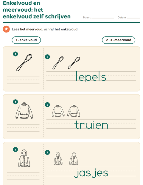 Voorbeeld van het Enkelvoud en meervoud-werkblad met Objecten ZW voor kleuterklas