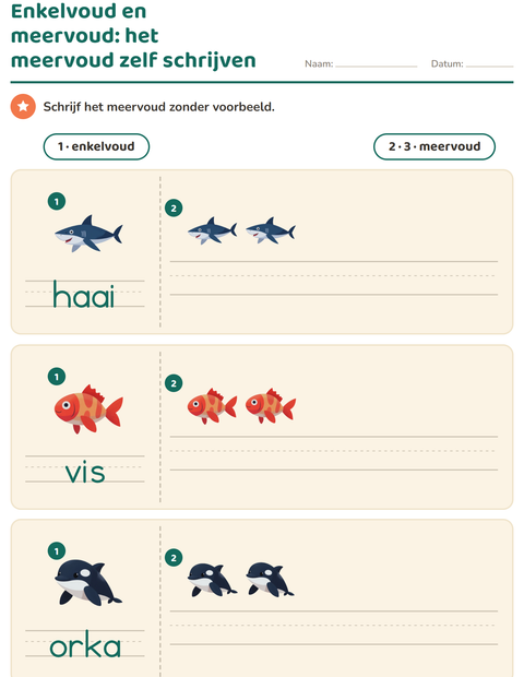 Voorbeeld van het Enkelvoud en meervoud-werkblad met Oceaanleven voor kleuterklas
