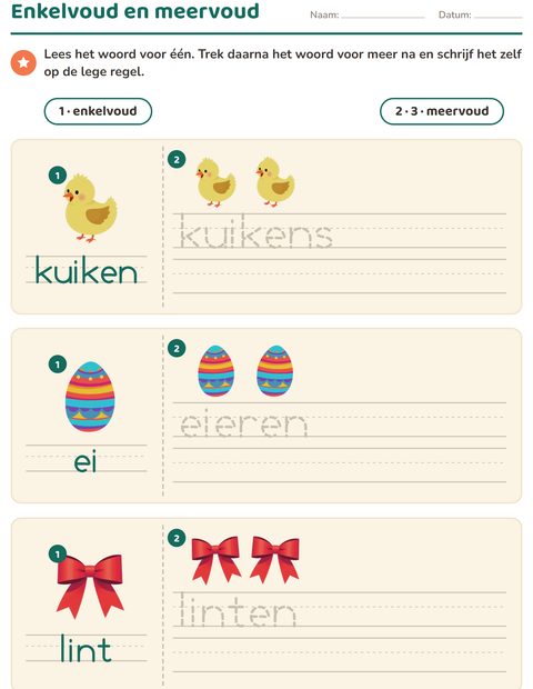 Voorbeeld van het Enkelvoud en meervoud-werkblad met Pasen voor kleuterklas