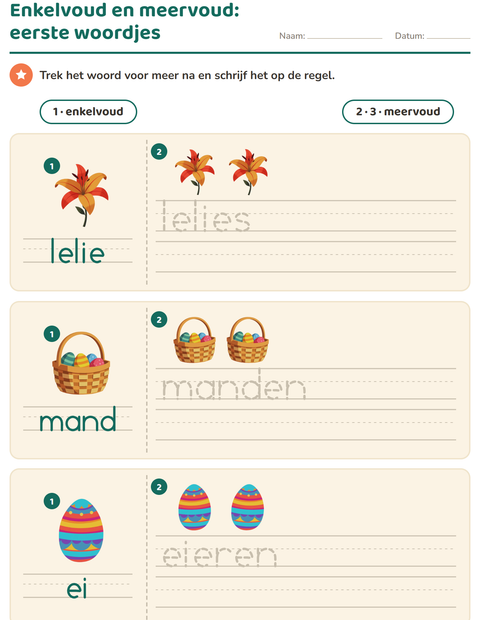 Voorbeeld van het Enkelvoud en meervoud-werkblad met Pasen voor kleuterklas