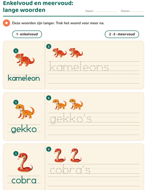 Voorbeeld van het Enkelvoud en meervoud-werkblad met Reptielen en amfibieën voor kleuterklas