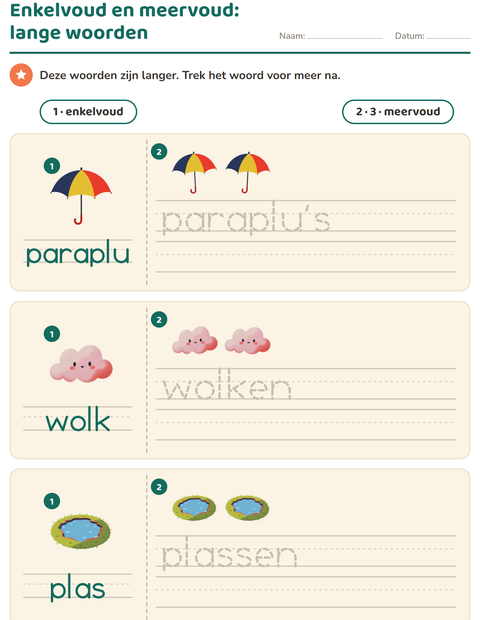 Voorbeeld van het Enkelvoud en meervoud-werkblad met Weer voor kleuterklas