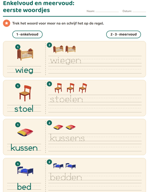Voorbeeld van het Enkelvoud en meervoud-werkblad met Meubels voor kleuterklas
