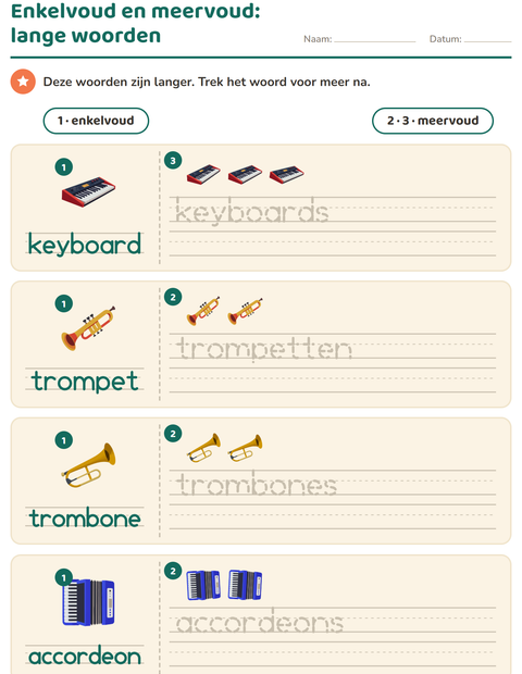 Voorbeeld van het Enkelvoud en meervoud-werkblad met Muziek voor kleuterklas