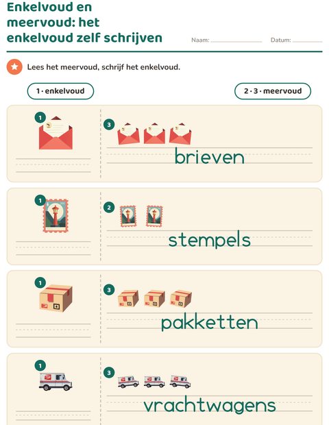 Voorbeeld van het Enkelvoud en meervoud-werkblad met Postkantoor voor kleuterklas