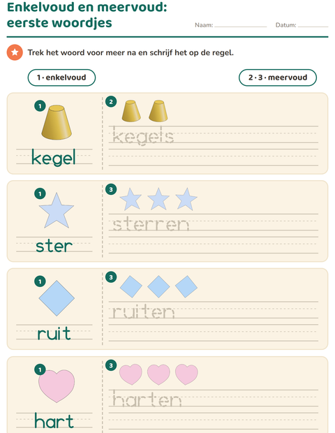 Voorbeeld van het Enkelvoud en meervoud-werkblad met Vormen voor kleuterklas