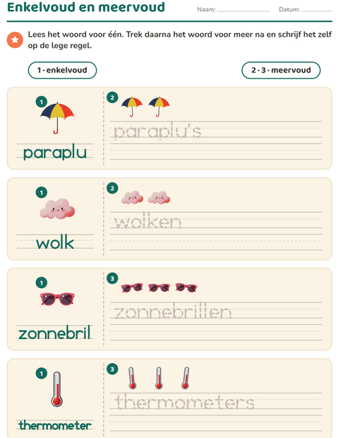 Voorbeeld van het Enkelvoud en meervoud-werkblad met Weer voor kleuterklas