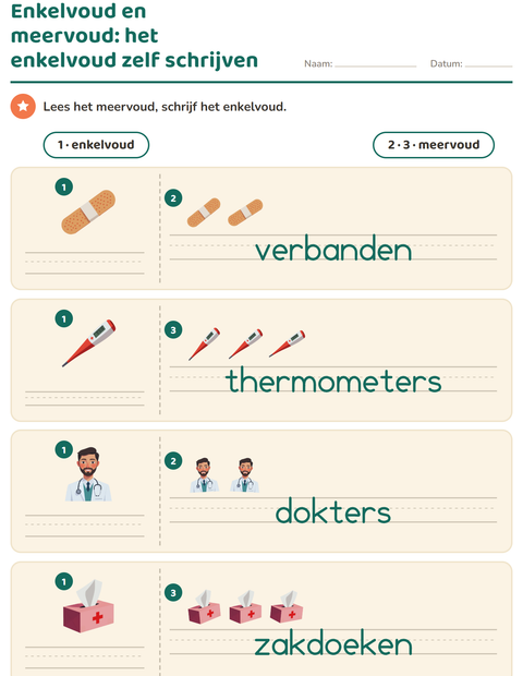 Voorbeeld van het Enkelvoud en meervoud-werkblad met Ziekenhuis voor kleuterklas