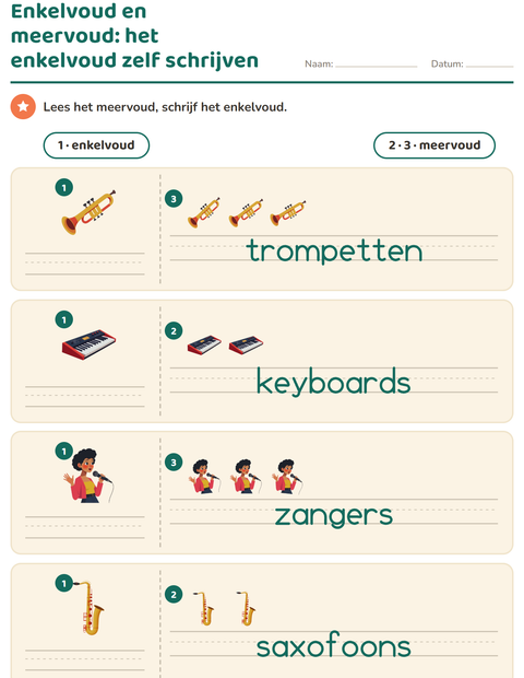 Voorbeeld van het Enkelvoud en meervoud-werkblad met Muziek voor kleuterklas