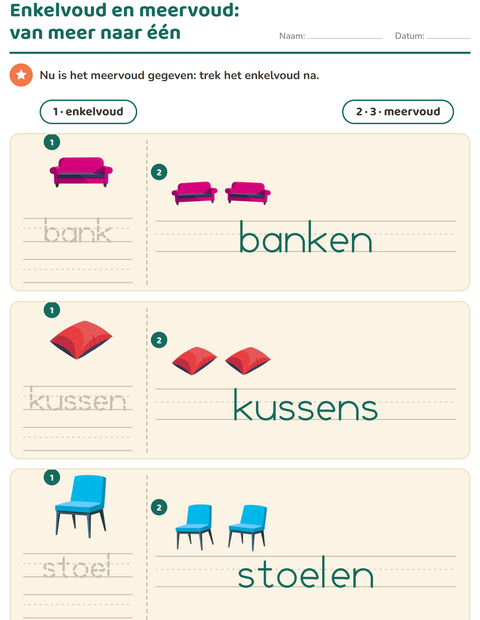 Voorbeeld van het Enkelvoud en meervoud-werkblad met Rond het huis voor kleuterklas
