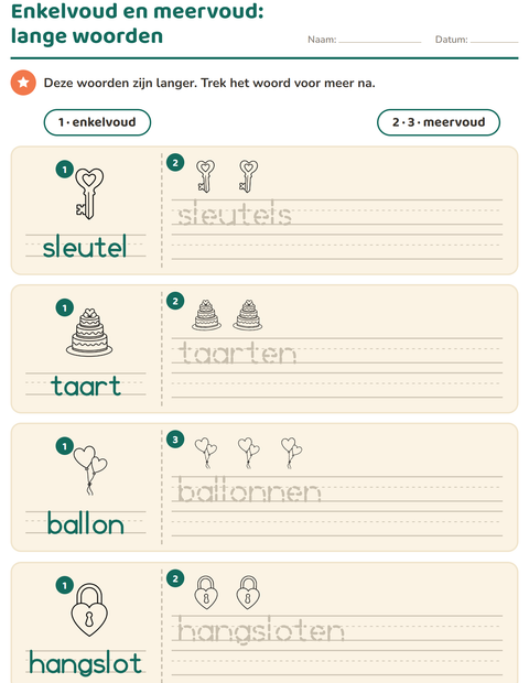 Voorbeeld van het Enkelvoud en meervoud-werkblad met Valentijnsdag ZW voor kleuterklas