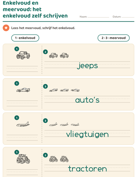 Voorbeeld van het Enkelvoud en meervoud-werkblad met Voertuigen ZW voor kleuterklas