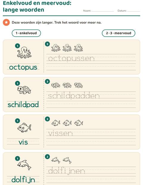 Voorbeeld van het Enkelvoud en meervoud-werkblad met Zeeleven ZW 2 voor kleuterklas
