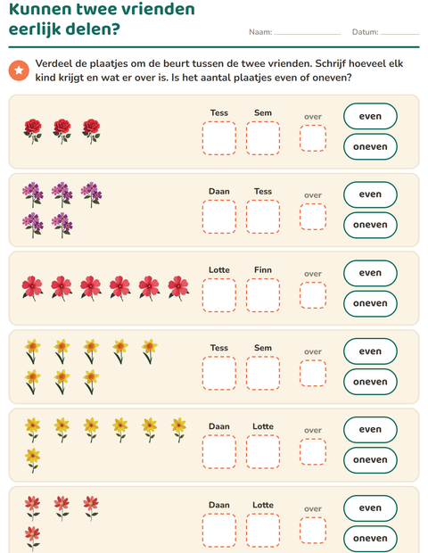 Voorbeeld van het Even en oneven getallen-werkblad met Bloemen voor groep 3