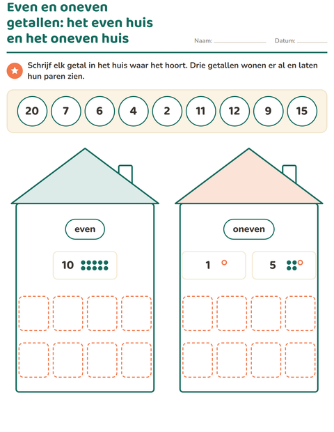 Voorbeeld van het Even en oneven getallen-werkblad voor groep 3