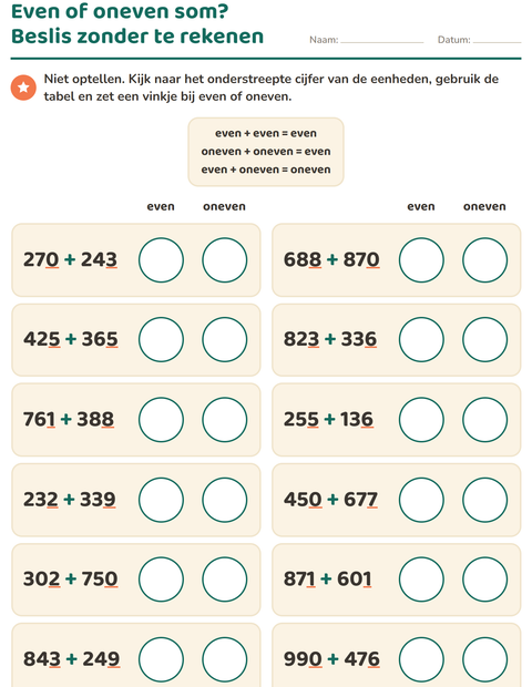 Voorbeeld van het Even en oneven getallen-werkblad voor groep 5