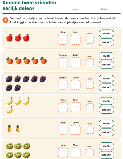 Voorbeeld van het Even en oneven getallen-werkblad met Fruit voor groep 3