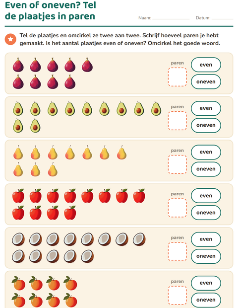 Voorbeeld van het Even en oneven getallen-werkblad met Fruit voor groep 3