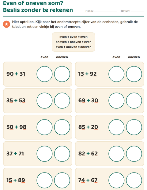 Voorbeeld van het Even en oneven getallen-werkblad voor groep 5