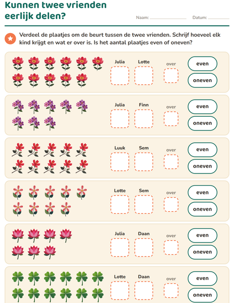 Voorbeeld van het Even en oneven getallen-werkblad met Bloemen voor groep 3