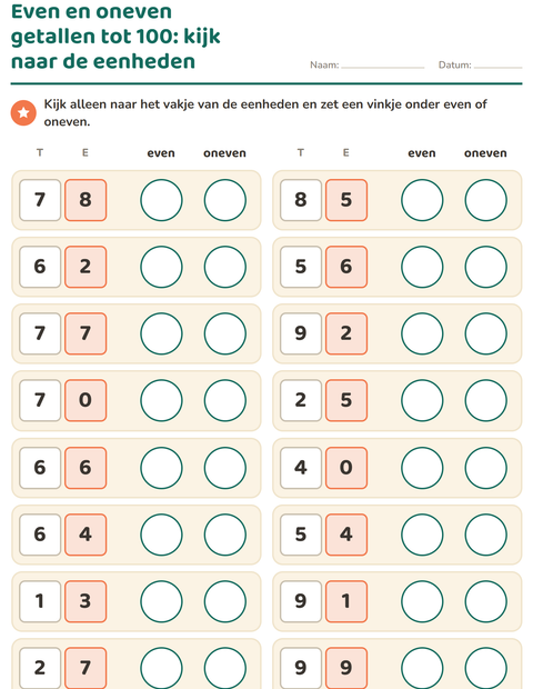 Voorbeeld van het Even en oneven getallen-werkblad voor groep 4
