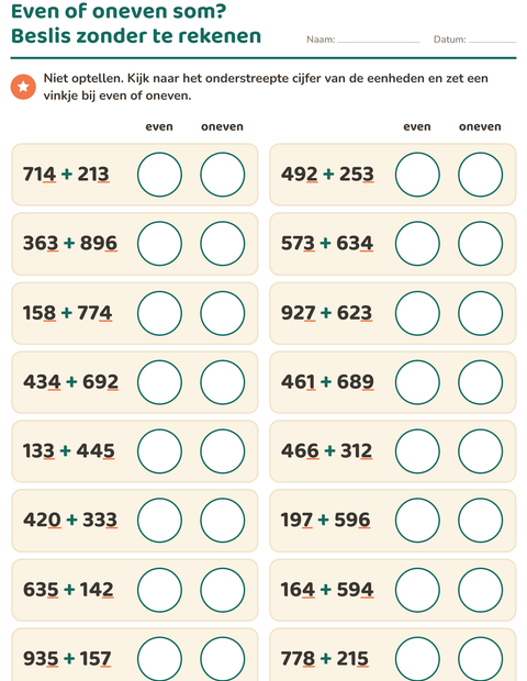 Voorbeeld van het Even en oneven getallen-werkblad voor groep 5
