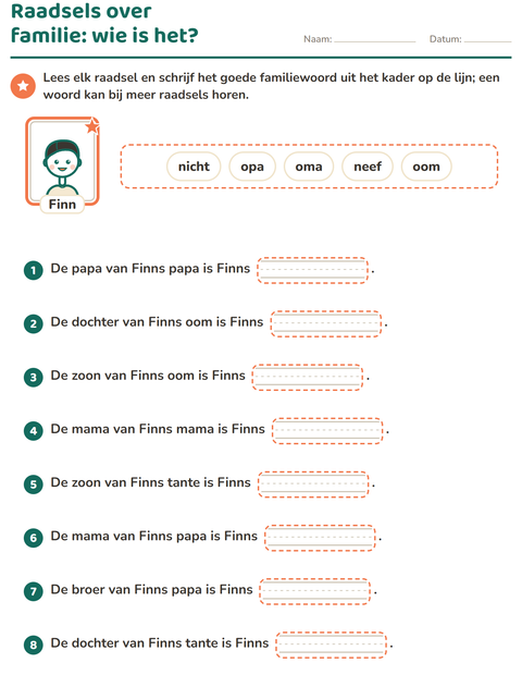 Voorbeeld van het Familie en stamboom-werkblad voor groep 4