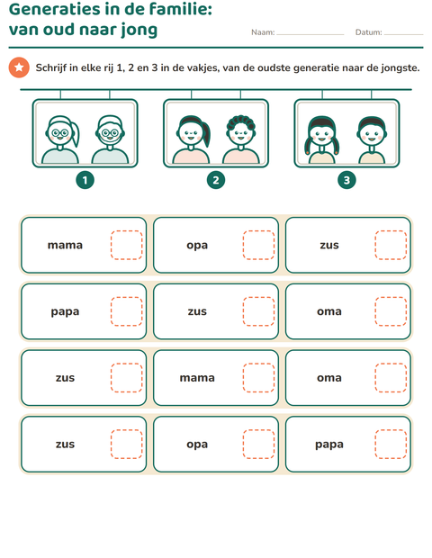 Voorbeeld van het Familie en stamboom-werkblad voor groep 3