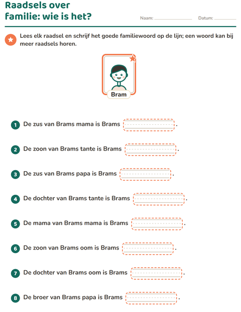Voorbeeld van het Familie en stamboom-werkblad voor groep 4