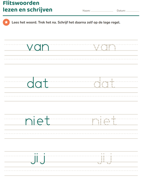 Voorbeeld van het Flitswoorden-werkblad voor kleuterklas