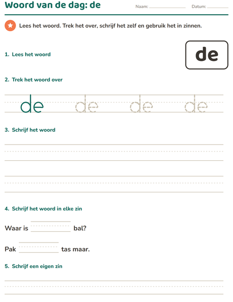 Voorbeeld van het Flitswoorden-werkblad voor kleuterklas