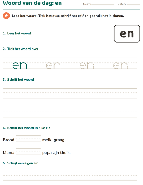 Voorbeeld van het Flitswoorden-werkblad voor kleuterklas