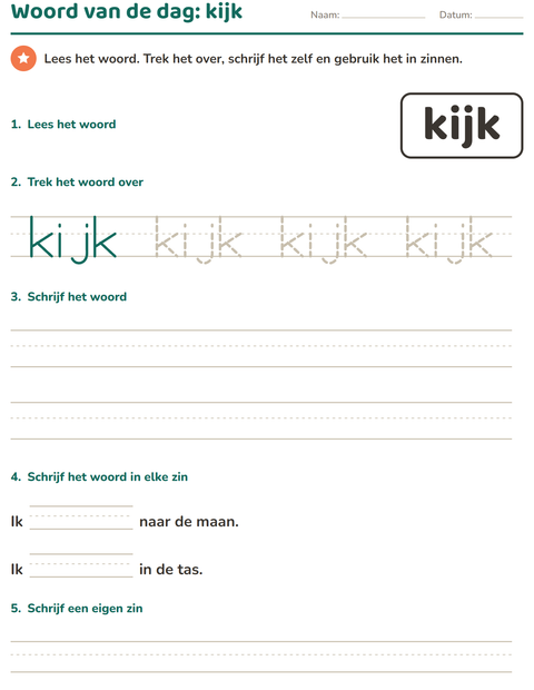 Voorbeeld van het Flitswoorden-werkblad voor kleuterklas