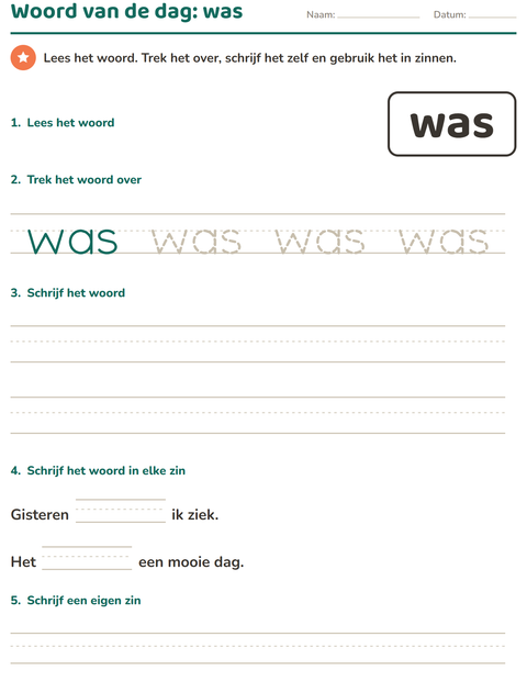 Voorbeeld van het Flitswoorden-werkblad voor kleuterklas