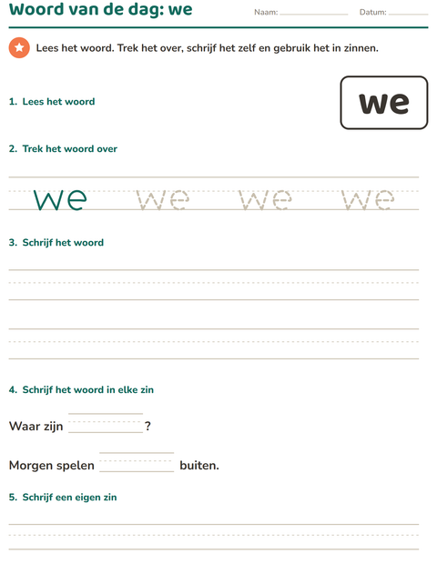 Voorbeeld van het Flitswoorden-werkblad voor kleuterklas