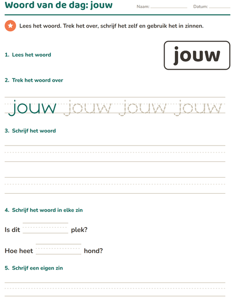 Voorbeeld van het Flitswoorden-werkblad voor kleuterklas