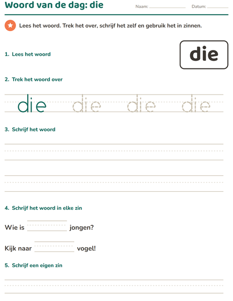 Voorbeeld van het Flitswoorden-werkblad voor kleuterklas